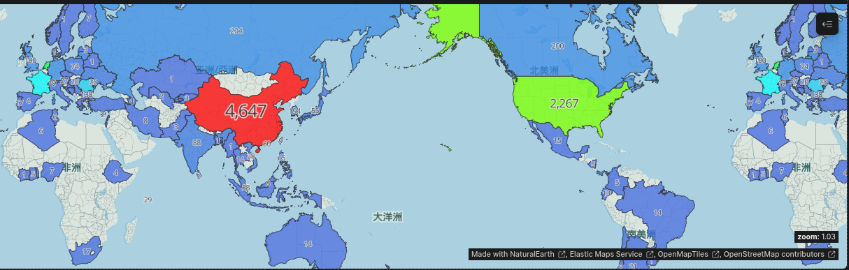 Kibana choropleth world map showing counts of scan-source IP addresses by country.