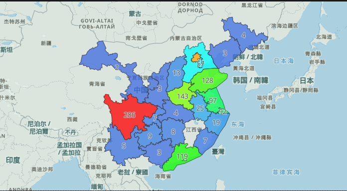 Kibana choropleth map zoomed to East Asia showing per-province counts of scan-source IP addresses.